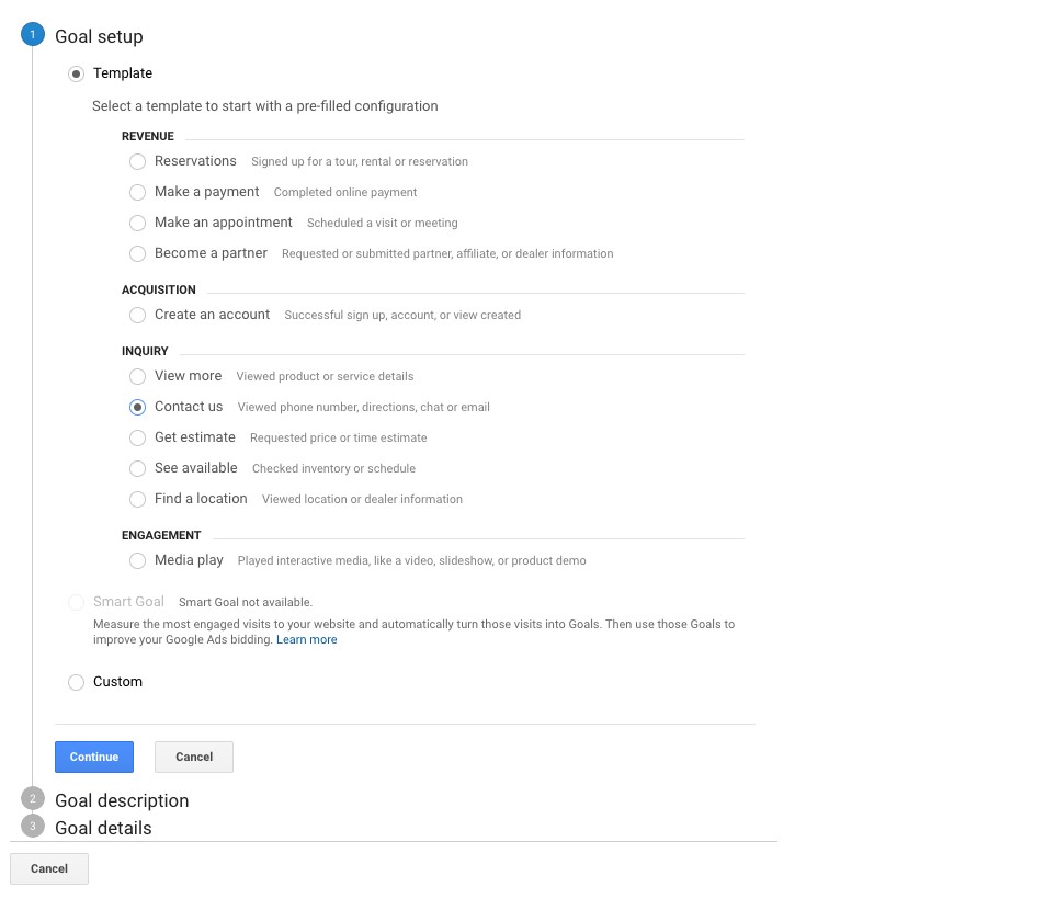 Goal templates available in Google Analytics