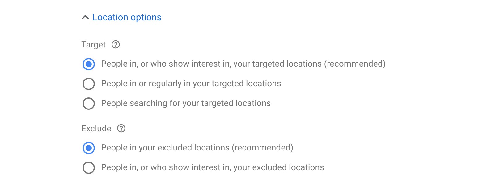 Location options in Google Ads
